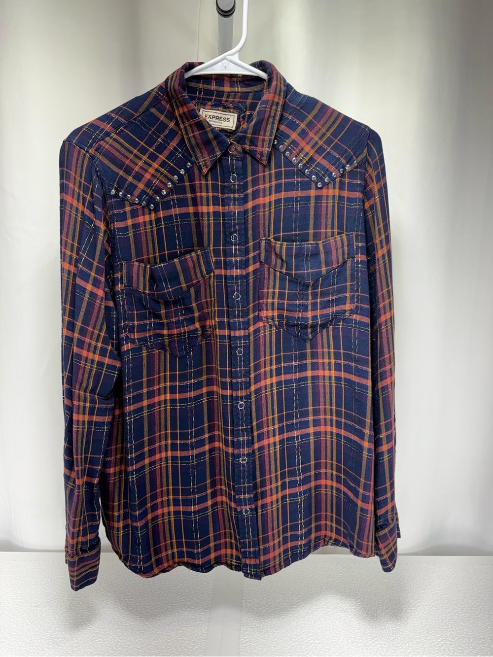 Express Navy and Rust Plaid Studded Button-Down Shirt 4651